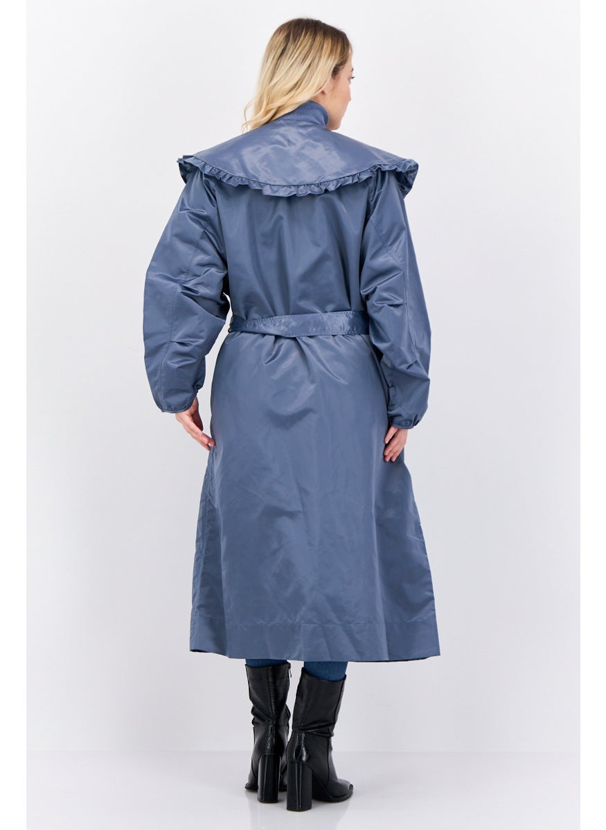 GHOSPELL Women Plain Trench Coat, Slate Blue  - Image 4