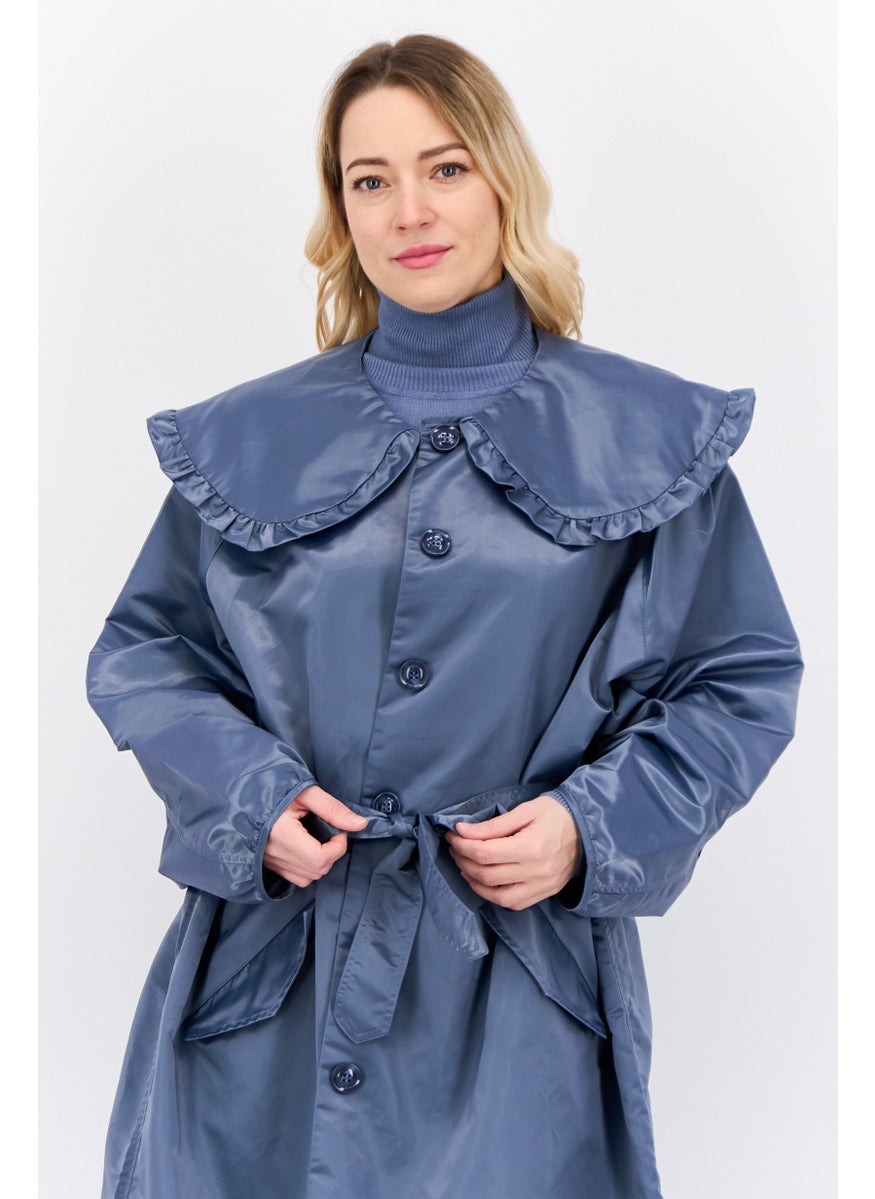 GHOSPELL Women Plain Trench Coat, Slate Blue  - Image 2