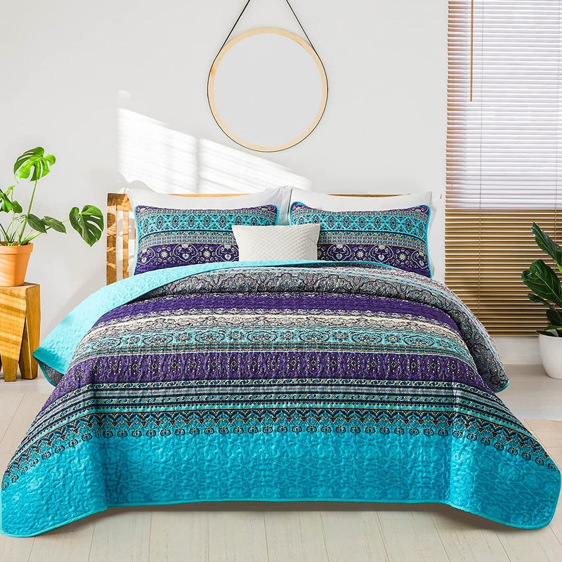 WONGS BEDDING Boho Quilt Set California King Blue Purple Bohemian Striped Pattern Printed Quilt Coverlet Lightweight Microfiber Bed Decor Bedspread for All Season 106x963 Pieces Cal King - Image 2