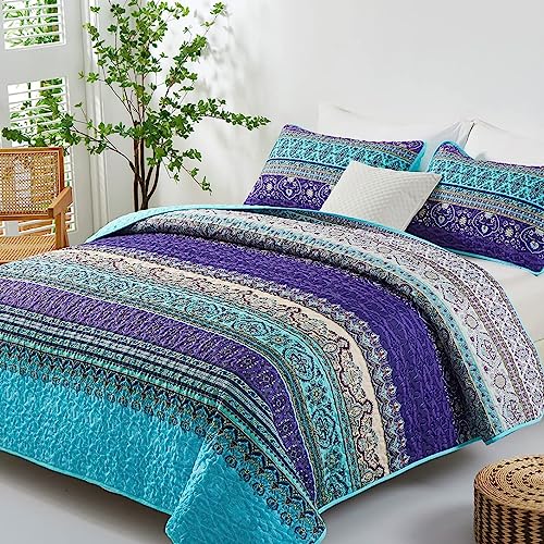 WONGS BEDDING Boho Quilt Set California King Blue Purple Bohemian Striped Pattern Printed Quilt Coverlet Lightweight Microfiber Bed Decor Bedspread for All Season 106x963 Pieces Cal King - Image 3