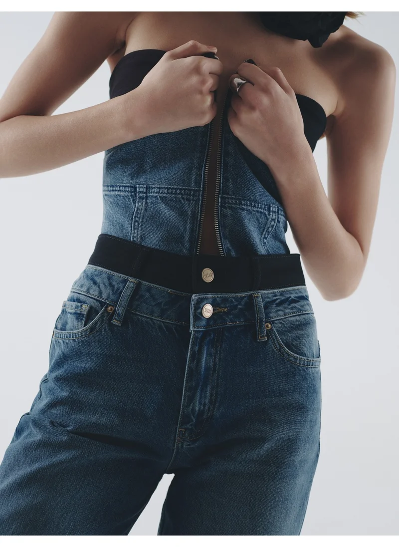 كوتون Crop Jeans Strapless Top Corset Look Color Contrast Zippered