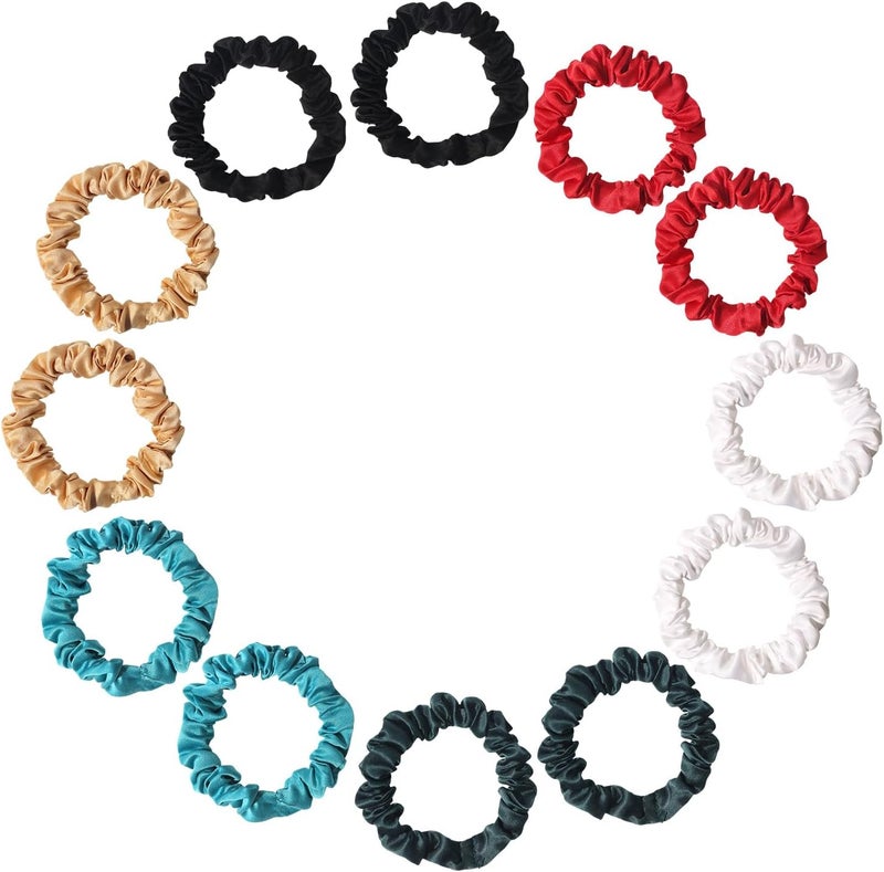 12 Packs small scrunchies for women Skinny Silk Satin Hair Scrunchies Small Ponytail Holders No Damage Breakage for ThinThick Curly Long Fine Hair