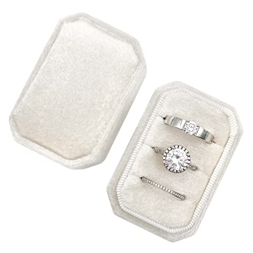 Beatilog Octagonal Rectangle Velvet Ring Box 3 Slots - Premium Handmade Wedding Three Rings Bearer Holder Vintage Orthogon Jewelry Storage for Ceremony Proposal Engagement - Image 1