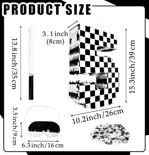 MUNILAIL Checkered Number 5 Pinata Black and White Checkered Pinata with Stick and Blindfold Confetti for 5th Birthday Racing Car Party Game Supplies Race Car Pinatas - Image 5