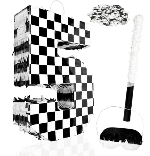 MUNILAIL Checkered Number 5 Pinata Black and White Checkered Pinata with Stick and Blindfold Confetti for 5th Birthday Racing Car Party Game Supplies Race Car Pinatas - Image 1