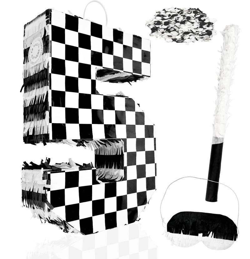 MUNILAIL Checkered Number 5 Pinata Black and White Checkered Pinata with Stick and Blindfold Confetti for 5th Birthday Racing Car Party Game Supplies Race Car Pinatas - Image 3