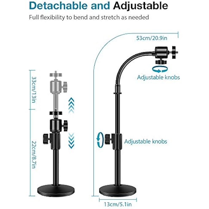 rayihni WEBCAM STAND FOR DESK, CAMERA STAND MOUNT GOOSENECK ARM FOR LOGITECH WEBCAM C922 C930E C920S C920 C615 C960 C920X BRIO 4K NEXIGO N60, PHONE MOUNT, RIGHT LIGHT, GOPRO WITH 1/4" THREAD - Image 3
