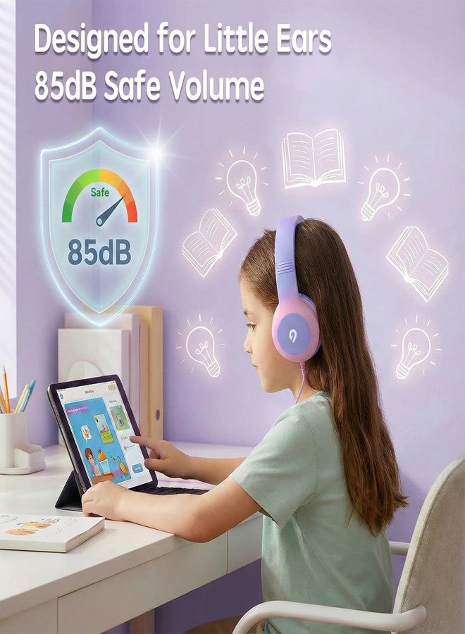 سماعات رأس سلكية للأطفال من ADOOPE مزودة بمقبس USB-C، وميزة تحديد مستوى الصوت 85/94 ديسيبل لحماية السمع بشكل آمن، وعصابة رأس قابلة للتعديل، وسلك مقاوم للتشابك، مناسبة للمدرسة والتابلت والسفر (لون بنفسجي متدرج). - Image 2