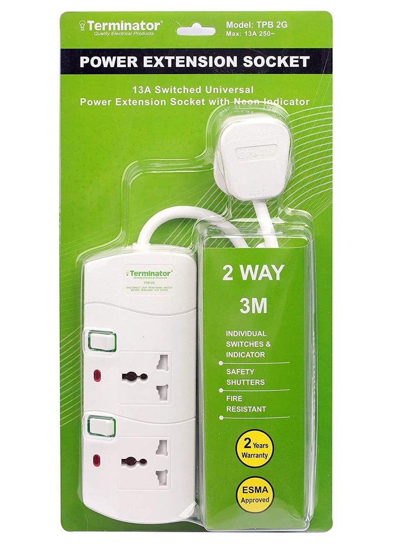 Terminator - RACO Terminator 2 way Universal Power Extension Socket 3M 3X1.25MM2 White color body & cable with individual switch 13a Fused plug. - Image 1