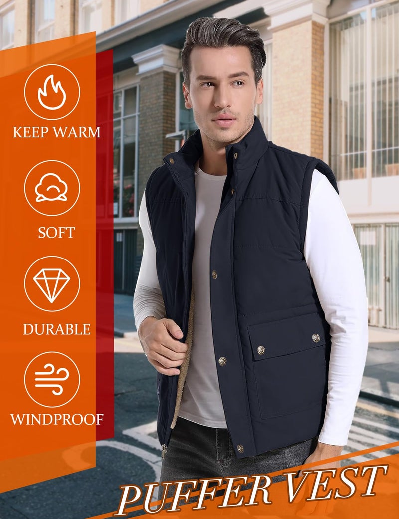 Flygo Men's Winter Warm Outdoor Padded Puffer Vest Thick Fleece Lined Sleeveless Jacket (Blue S) - Image 2