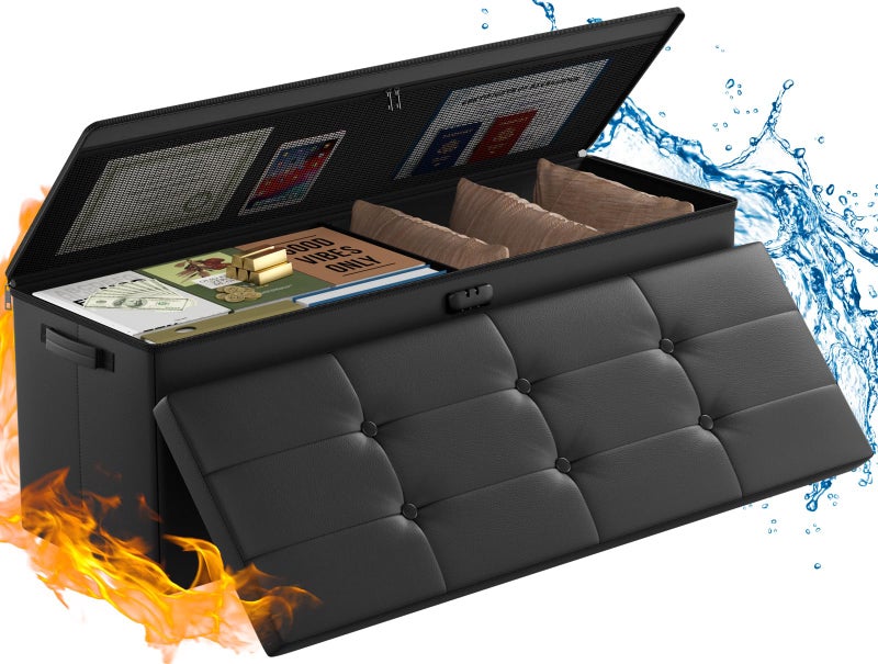 ENGPOW Storage Ottoman Fireproof Folding Bench with Lock15x 43x15 WaterResistant  Heat Insulation Large Storage Chest with Handles2 Extra Boxes Safe for Living Room Bedroom Home Black