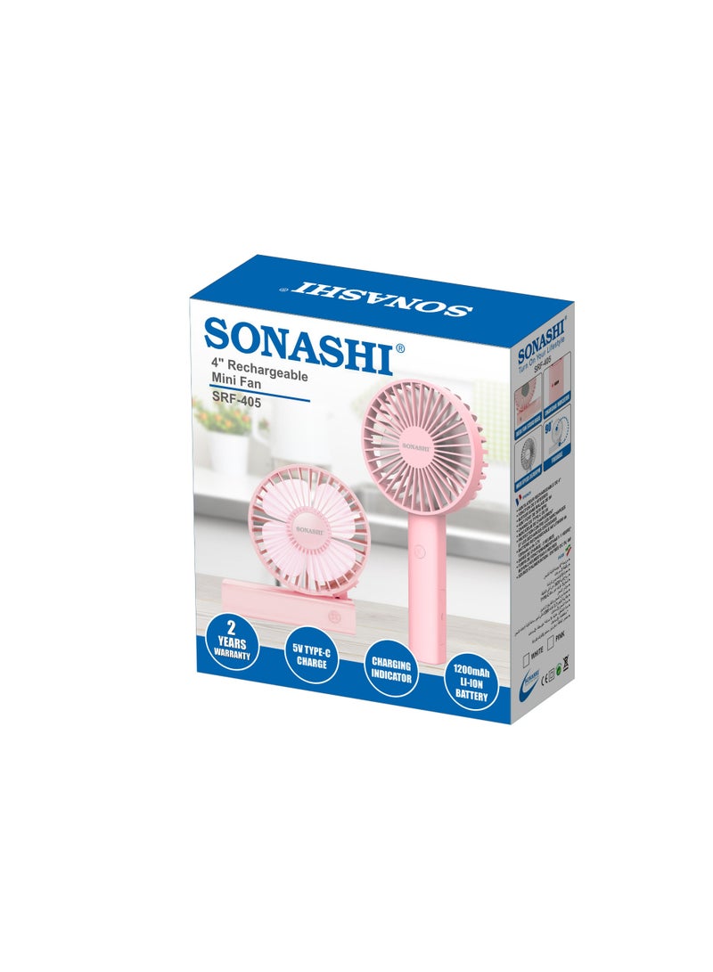 SONASHI 4 Inch Rechargeable Fan with 3 Speed Settings | 9V Brushless Motor with 3670 RPM Strong Wind | Type-C Charging with Indicator | Over-Charge & Over-Discharge Protection | 1200mAh Lithium Battery | 3–5 Hours Working Time | SRF-405 Pink SRF-405 pink - Image 5