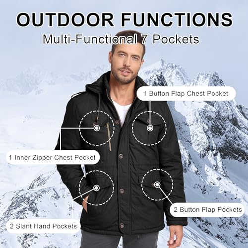 CHEXPEL Men's Winter Jackets with Removable Hood Fleece Lined Cotton Military Work Jackets Outerwear Coats with Pockets Black S - Image 4