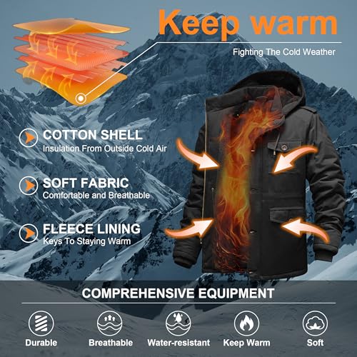 CHEXPEL Men's Winter Jackets with Removable Hood Fleece Lined Cotton Military Work Jackets Outerwear Coats with Pockets Black S - Image 2