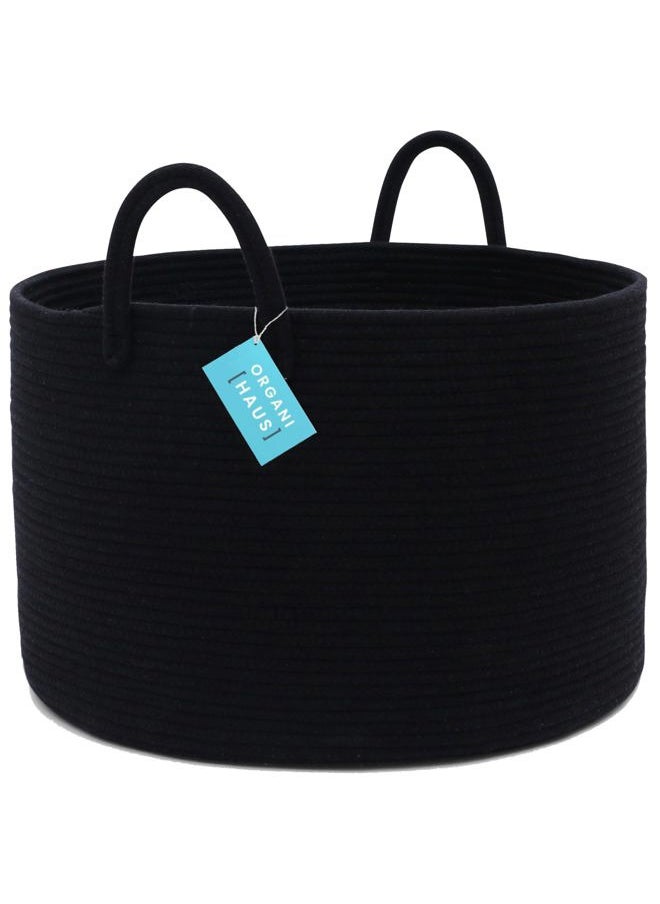 OrganiHaus - Black Basket for Storage 20x13, Big Basket for Blankets for Living Room, Round Laundry Basket & Blanket Holder for Bedroom, Boho Blanket Basket, Pillow Basket & Toy Basket - Image 1