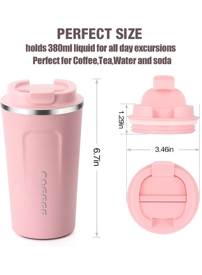 380ml فراغ معزول قهوة السفر كوب، التسرب دليل مزدوج الجدار الفولاذ المقاوم للصدأ إعادة الاستخدام كوب مع الغطاء، الكأس الحراري للمشروبات الساخنة والباردة، الوردي - Image 2