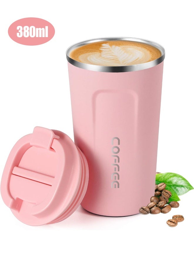 380ml فراغ معزول قهوة السفر كوب، التسرب دليل مزدوج الجدار الفولاذ المقاوم للصدأ إعادة الاستخدام كوب مع الغطاء، الكأس الحراري للمشروبات الساخنة والباردة، الوردي - Image 1