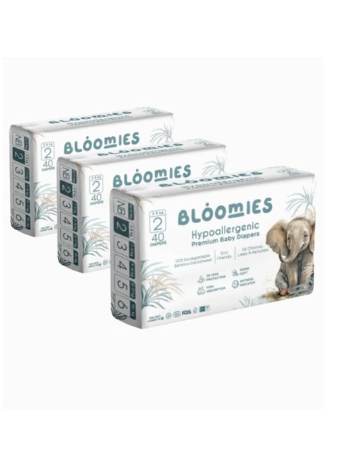 Premium Baby Diapers with wetness indicator | Eco-friendly and Hypoallergenic Nappies Made with 100% Bamboo | Nappies Size 2 for babies 3-8kg x 40pcs x 3