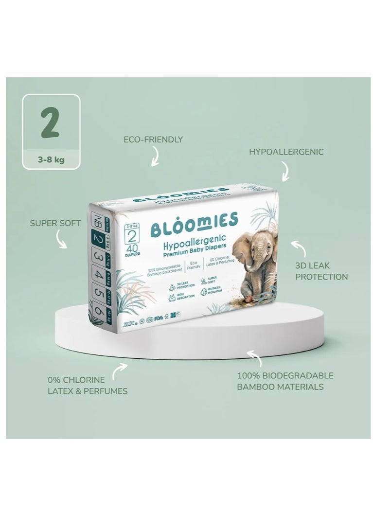 Premium Baby Diapers with wetness indicator | Eco-friendly and Hypoallergenic Nappies Made with 100% Bamboo | Nappies Size 2 for babies 3-8kg x 40pcs x 3