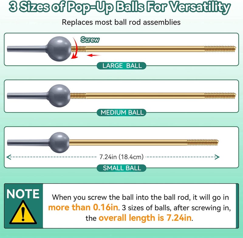 Enhon 2 Pack Universal Pop Up Drain Ball Rod Assembly, Sink Ball Rod Assembly Compatible with Pop Up Stopper, Pivot Rod Bathroom Sink Repair Kit, Includes 3 Sizes of Pop Up Balls and Cone Washers - Image 3