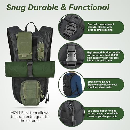 MARCHWAY Tactical Molle Hydration Pack Backpack with 3L TPU Water Bladder, Military Daypack for Cycling, Hiking, Running, Climbing, Hunting, Biking (Black) - Image 3