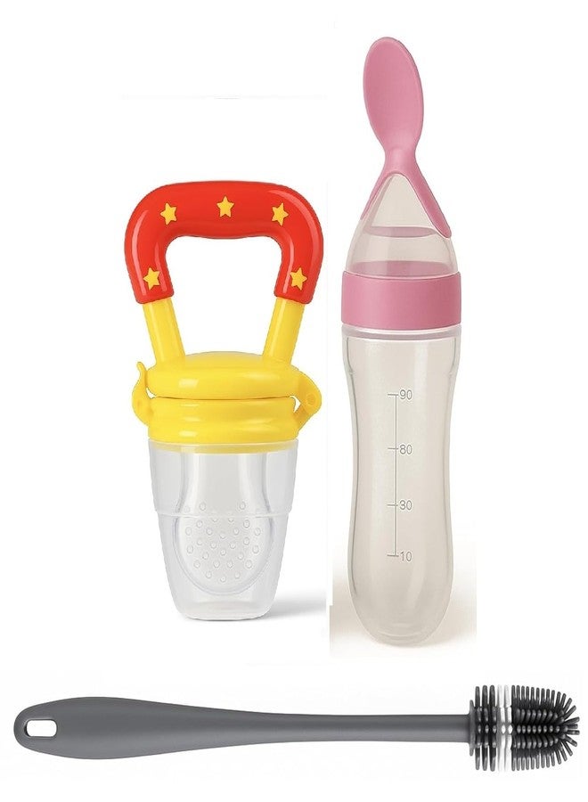 Joy Buzz Baby Food Dispensing Spoon Feeder Bottle 90ml and Fruit Feeder/Nibbler/Pacifier with Bottle Cleaning Brush Pack of 3 (Pink-YLO) - Image 1