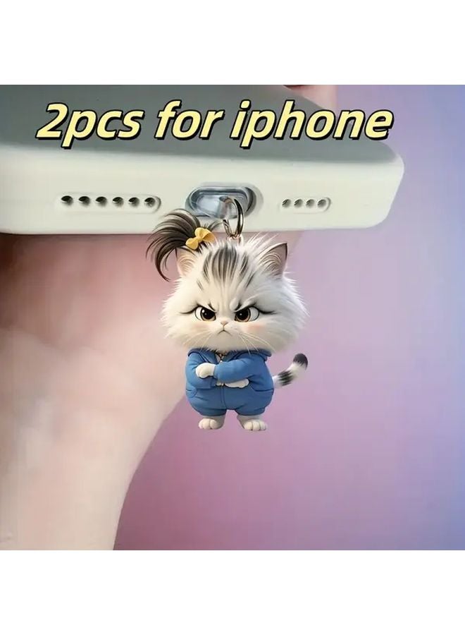 قطعتان لآيفون، سدادات غبار من الأكريليك، تصميم طائرة قطط غاضبة ثنائي الأبعاد، تثبيت آمن - Image 1