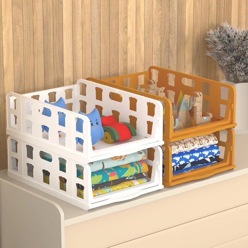 Kuber Industries Kuber Industries 4 Pcs Foldable Kids Wardrobe Organizer for Clothes Storage Stackable Slide Out Baby Dress Organiser for Wardrobe Home Organizers for Girls Cupboard Closet White Brown  - Image 1