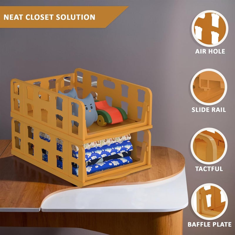 Kuber Industries Kuber Industries 4 Pcs Foldable Kids Wardrobe Organizer for Clothes Storage Stackable Slide Out Baby Dress Organiser for Wardrobe Home Organizers for Girls Cupboard Closet White Brown  - Image 4