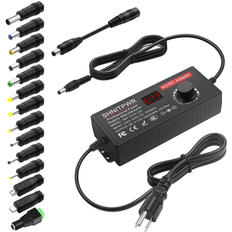 شنيت بور مزود طاقة 4V - 12V 10A 120W محول تيار متردد إلى تيار مستمر DC 4V 4.5V 5V 6V 7V 8V 9V 10V 11V 12V جهد قابل للتعديل محول طاقة عالمي محول 100-240V تيار متردد مع 14 طرفًا ومحول قطبية - Image 1
