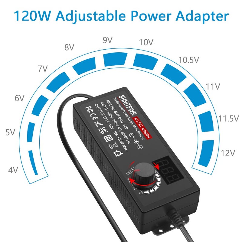شنيت بور مزود طاقة 4V - 12V 10A 120W محول تيار متردد إلى تيار مستمر DC 4V 4.5V 5V 6V 7V 8V 9V 10V 11V 12V جهد قابل للتعديل محول طاقة عالمي محول 100-240V تيار متردد مع 14 طرفًا ومحول قطبية - Image 2