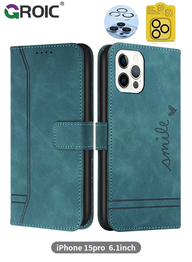 GROIC Case for iPhone 15 Pro 6.1 Inch Wallet with 1 Pack Camera Lens Protector, PU Leather Flip Folio Card Holders, Kickstand Function Shockproof Shell - Image 1