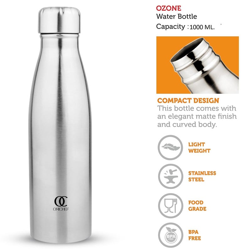 Omichef Ozone Stainless Steel 1000ML Single Walled Fridge Water Bottle Ideal for YogaGymSportsHomeOffice and BPA Free LeakProof Pack of 2 - Image 2