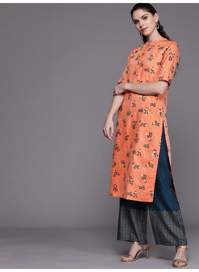 AKS AKS Couture Floral Printed Mandarin Collar Straight Kurta With Palazzos  - Image 5