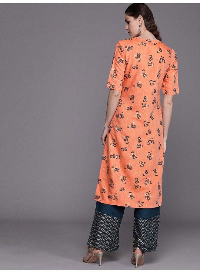 AKS AKS Couture Floral Printed Mandarin Collar Straight Kurta With Palazzos  - Image 4