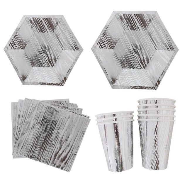 Party Plates Bronzing Silver Rose Gold Disposable Party Paper Plate Paper Cup Paper Towel Straw Knife and Fork Spoon Hot silver wood grain 