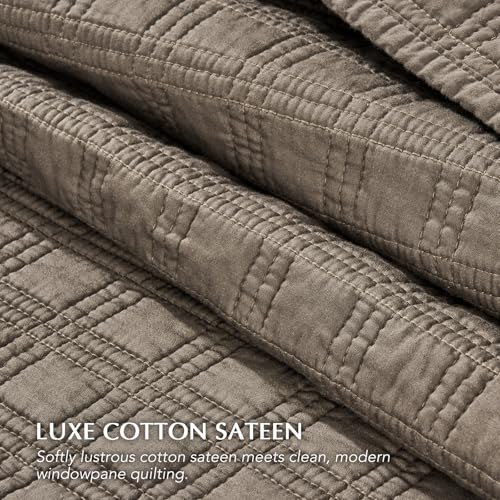 EVERGRACEHOME Windowpane Cotton Sateen Quilt Set Queen Size, Pre-Washed 100% Cotton Coverlet Bedspread, 3-Piece Soft Lightweight Bedding Set with 2 Shams for All Seasons, Mocha Brown - Image 3