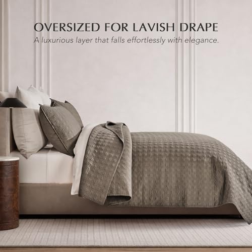 EVERGRACEHOME Windowpane Cotton Sateen Quilt Set Queen Size, Pre-Washed 100% Cotton Coverlet Bedspread, 3-Piece Soft Lightweight Bedding Set with 2 Shams for All Seasons, Mocha Brown - Image 2