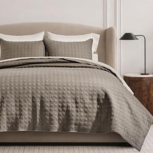 EVERGRACEHOME Windowpane Cotton Sateen Quilt Set Queen Size, Pre-Washed 100% Cotton Coverlet Bedspread, 3-Piece Soft Lightweight Bedding Set with 2 Shams for All Seasons, Mocha Brown - Image 1