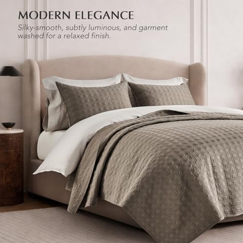 EVERGRACEHOME Windowpane Cotton Sateen Quilt Set Queen Size, Pre-Washed 100% Cotton Coverlet Bedspread, 3-Piece Soft Lightweight Bedding Set with 2 Shams for All Seasons, Mocha Brown - Image 4