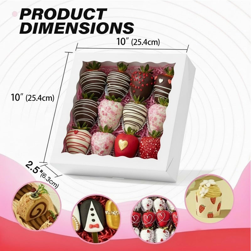 RomanticBaking 50pcs 10x10x2.5 Inches White Bakery Boxes - Pie, Cookies, Chocolate Covered Strawberries & Breakable Heart Boxes for Valentine's & Christmas - Image 5