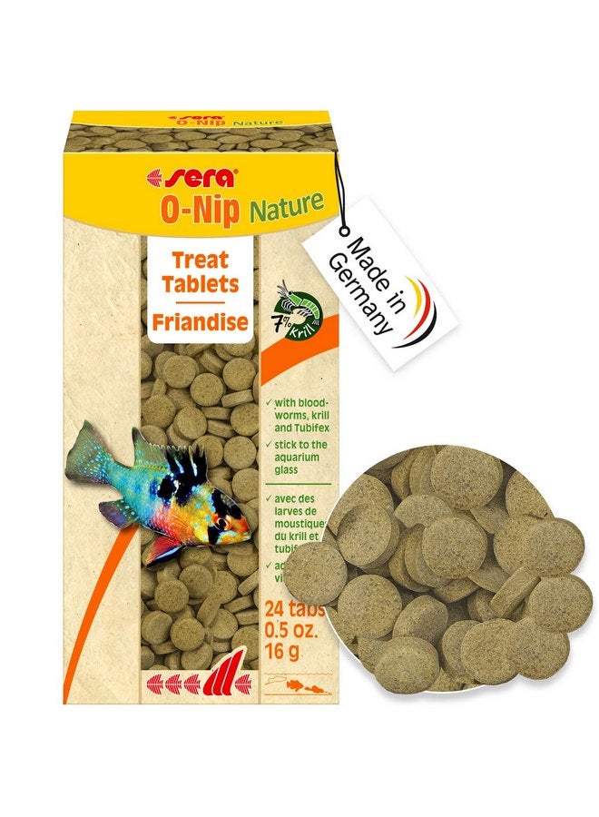 سيرا sera O-Nip Nature 24 Tabs 0.6 oz | غذاء كامل لجميع الأسماك الزينة | أقراص لاصقة تلتصق بزجاج الحوض | نسبة عالية من البروتين | بدون أصباغ ومواد حافظة | مع ديدان الدم والكريل وتوبيفكس - Image 1