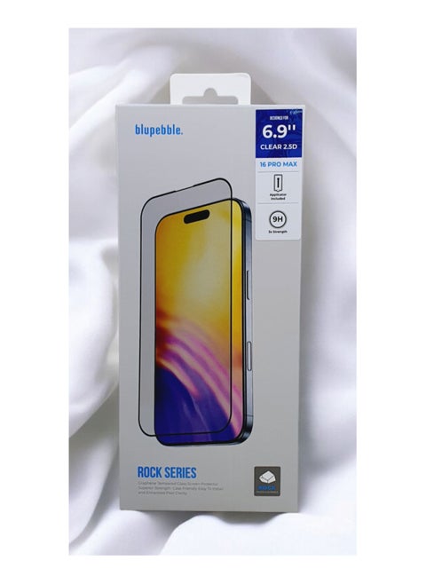 Blupebble Graphene Rock Series Tempered Glass 2.5D Screen Protector With Applicator For iPhone 16 Pro Max-6.9"-Clear