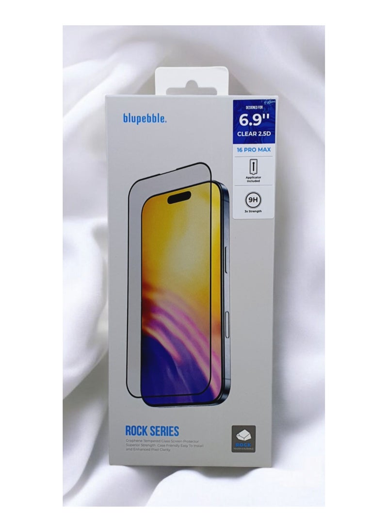 Blupebble Graphene Rock Series Tempered Glass 2.5D Screen Protector With Applicator For iPhone 16 Pro Max-6.9"-Clear