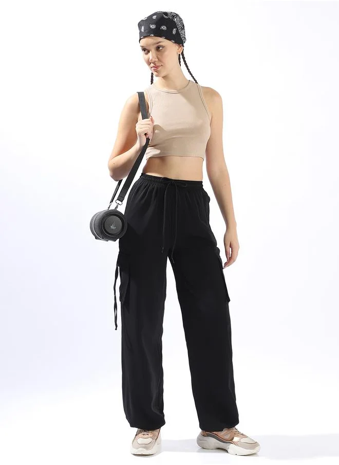 Hubberholme Black Wide Leg Trousers for Women Wide Leg Fit 95% Polyester 5% Lycra Button Closure