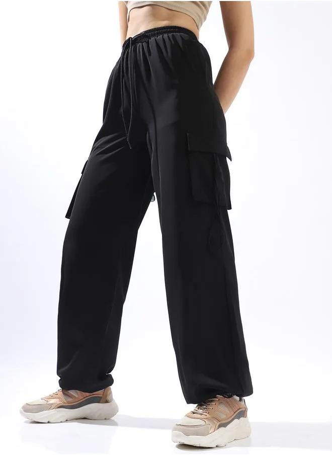 Hubberholme Black Wide Leg Trousers for Women Wide Leg Fit 95% Polyester 5% Lycra Button Closure