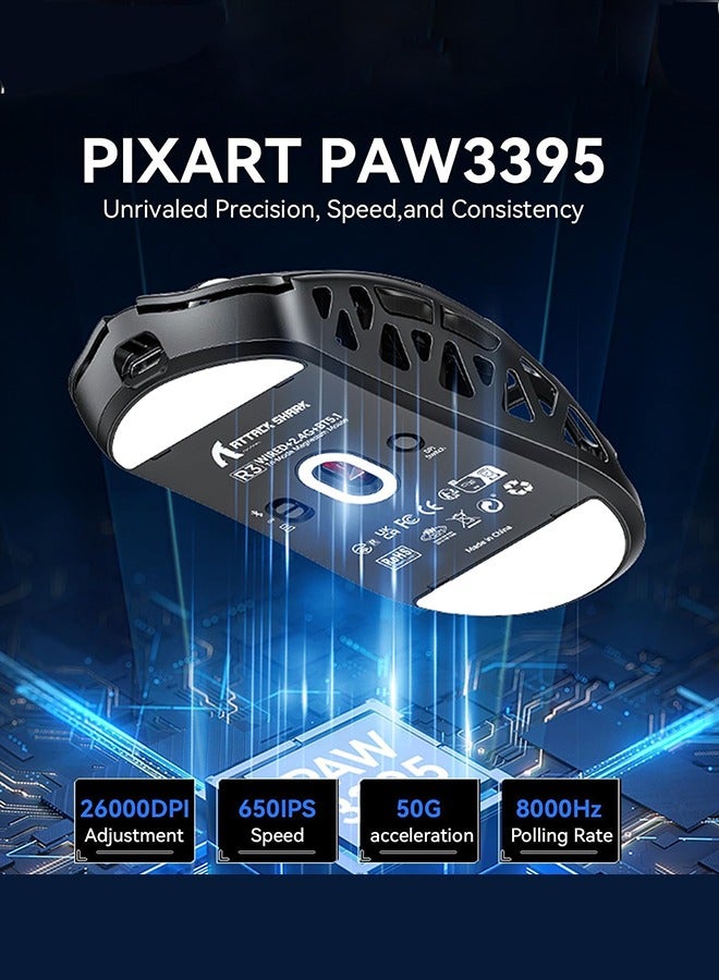 Attack Shark R3 46g Superlight Wireless Gaming Mouse, Magnesium Alloy BT/2.4Ghz/Wired Computer Mouse, PAW3395 26K DPI Sensor, 8000Hz Wireless Polling Rate Programmable Mice for PC/Laptop/Mac (Grey) - Image 4