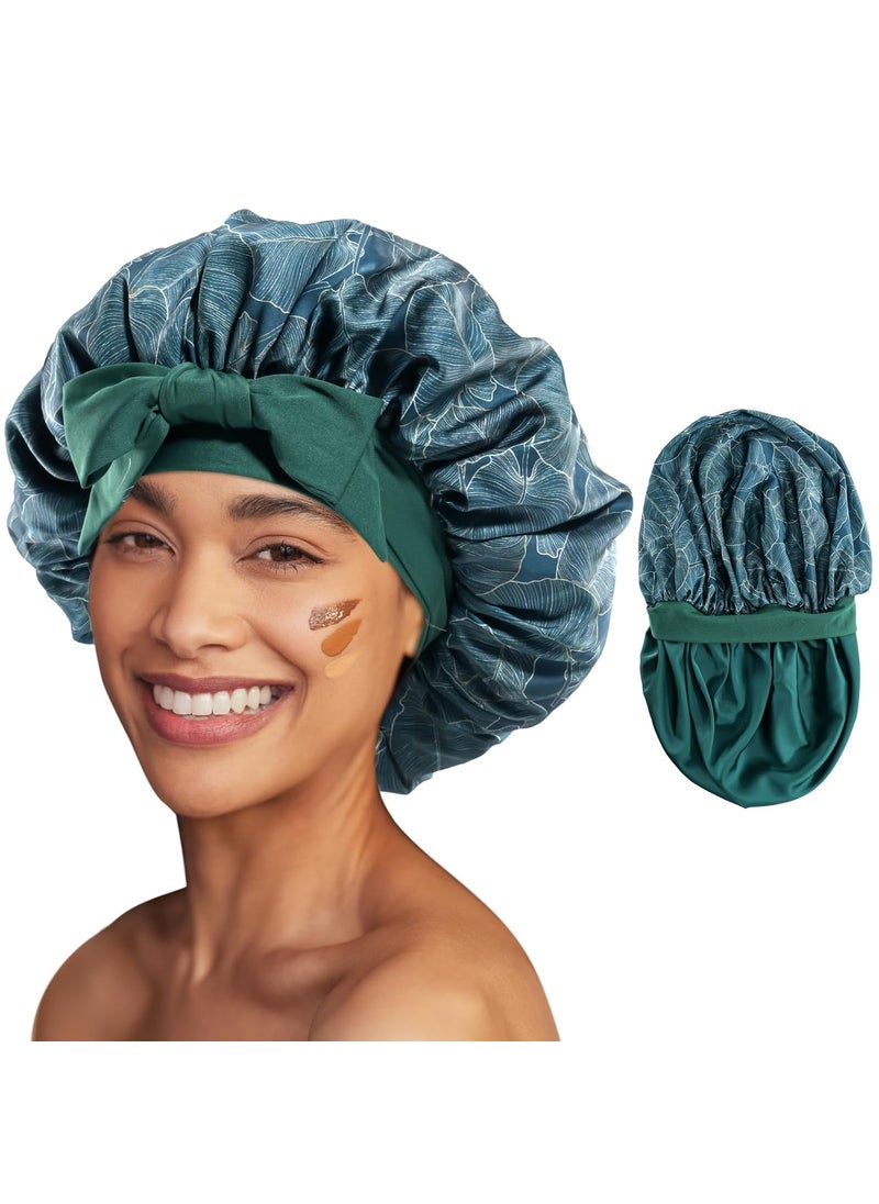 Lolalet - Lolalet Silk Bonnet for Sleeping Women, Double Layer Satin Hair Bonnet Cap with Tie Band Reversible Bonnets for Dreadlocks Afro Braids Curly -Green Leaves - Image 1
