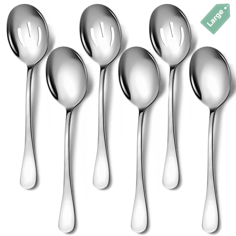 Keyoxy Stainless Steel Serving Spoons Set 6pc 10Inch Includes 3 Large 3 Slotted for PartiesKitchenBuffetCatering Dishwasher Safe