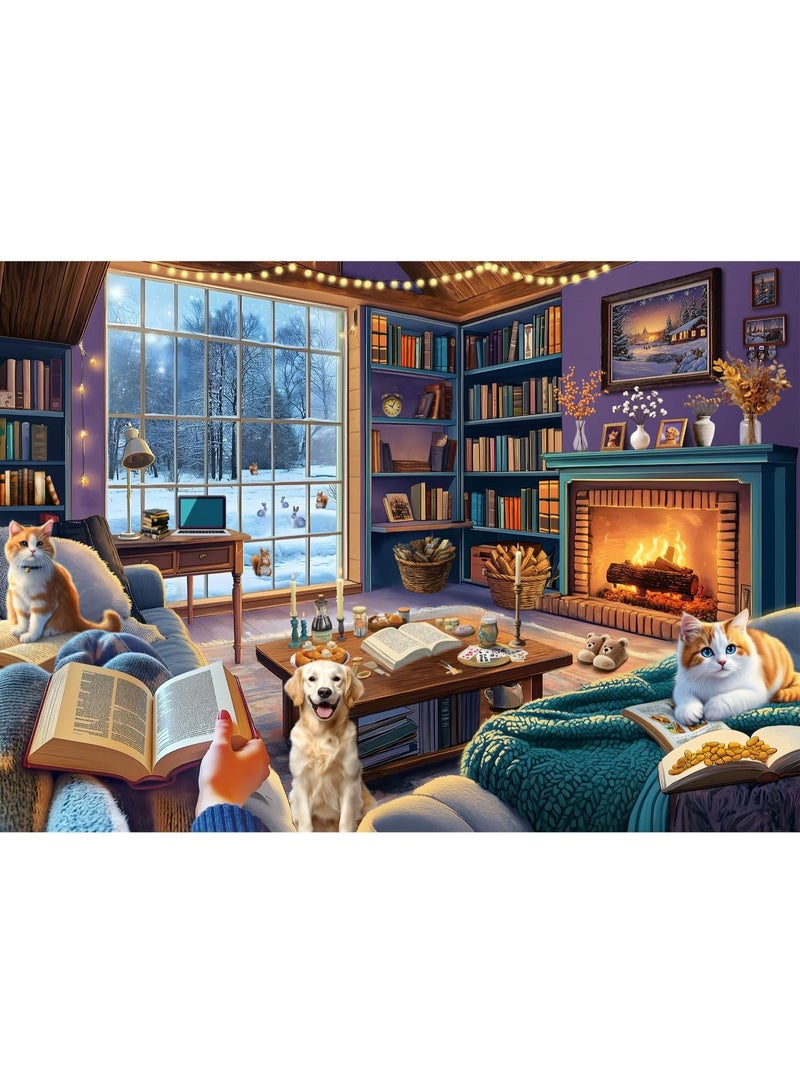 1000 Piece Puzzles, Comfortable House Dog Cat Book Theme, Winter House Kitten Challenge Puzzle - Image 1